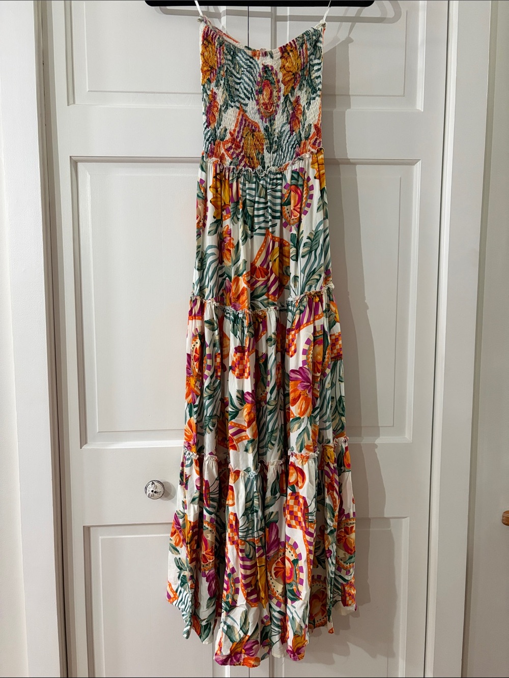 Abel The Label Boho Floral Tiered Maxi Dress in White with Orange & Green, XS